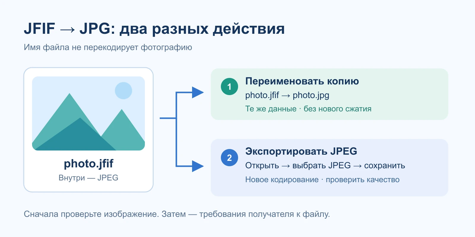 Две ветки работы с JFIF: смена имени сохраняет данные JPEG, а экспорт заново кодирует изображение