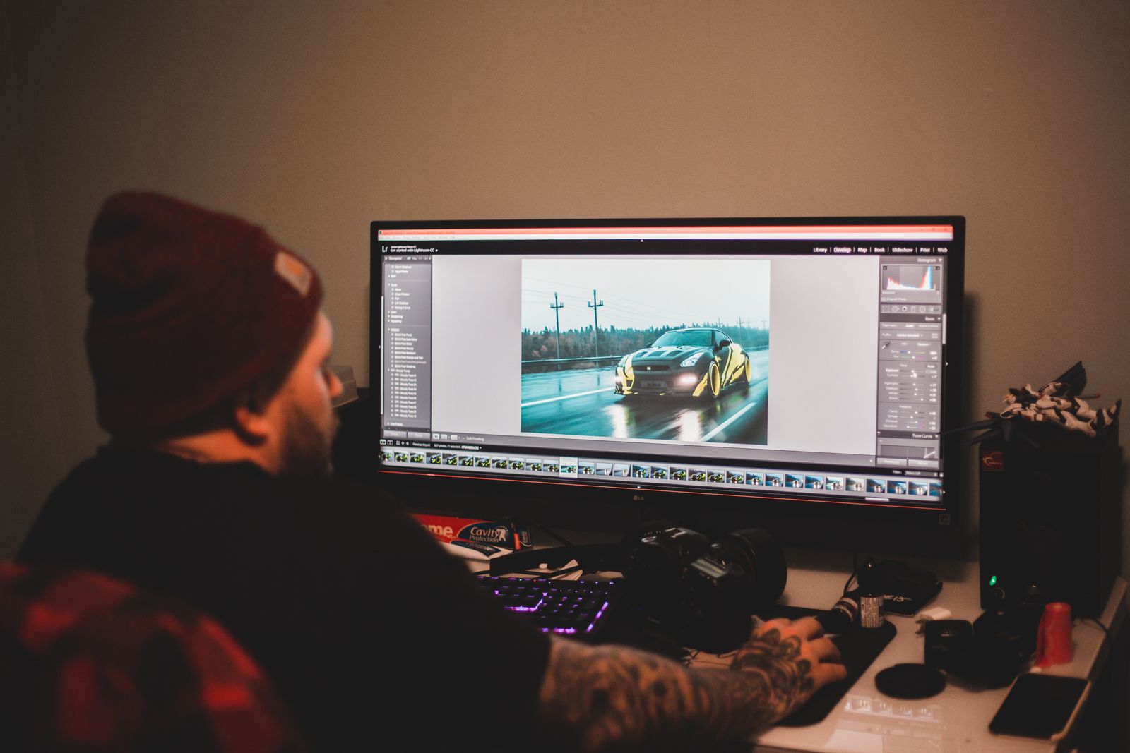 Editing a photo in Lightroom on a wide monitor — the final step before exporting to JPEG