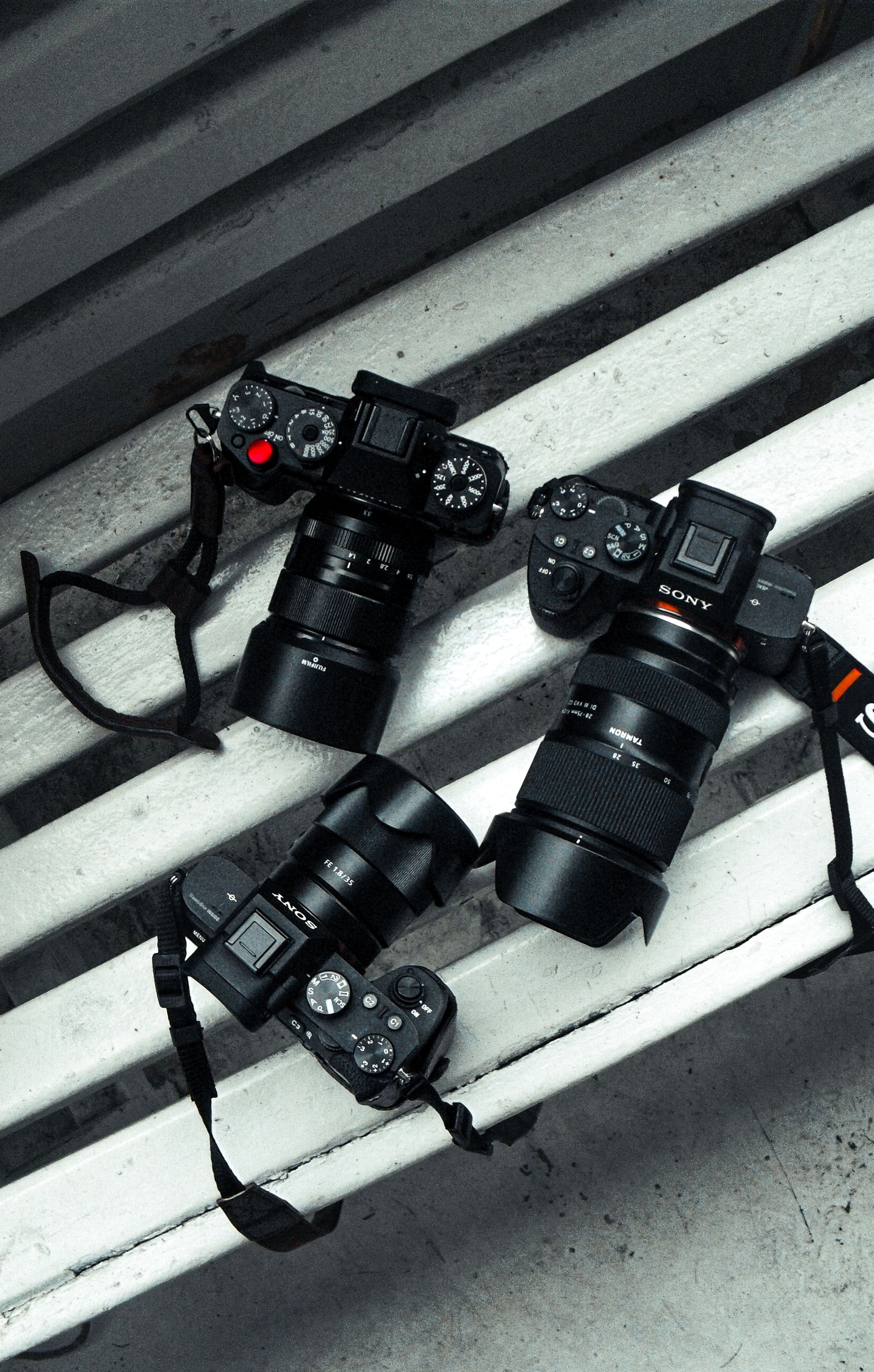 Several cameras shot from above on a striped background — different tools for different jobs