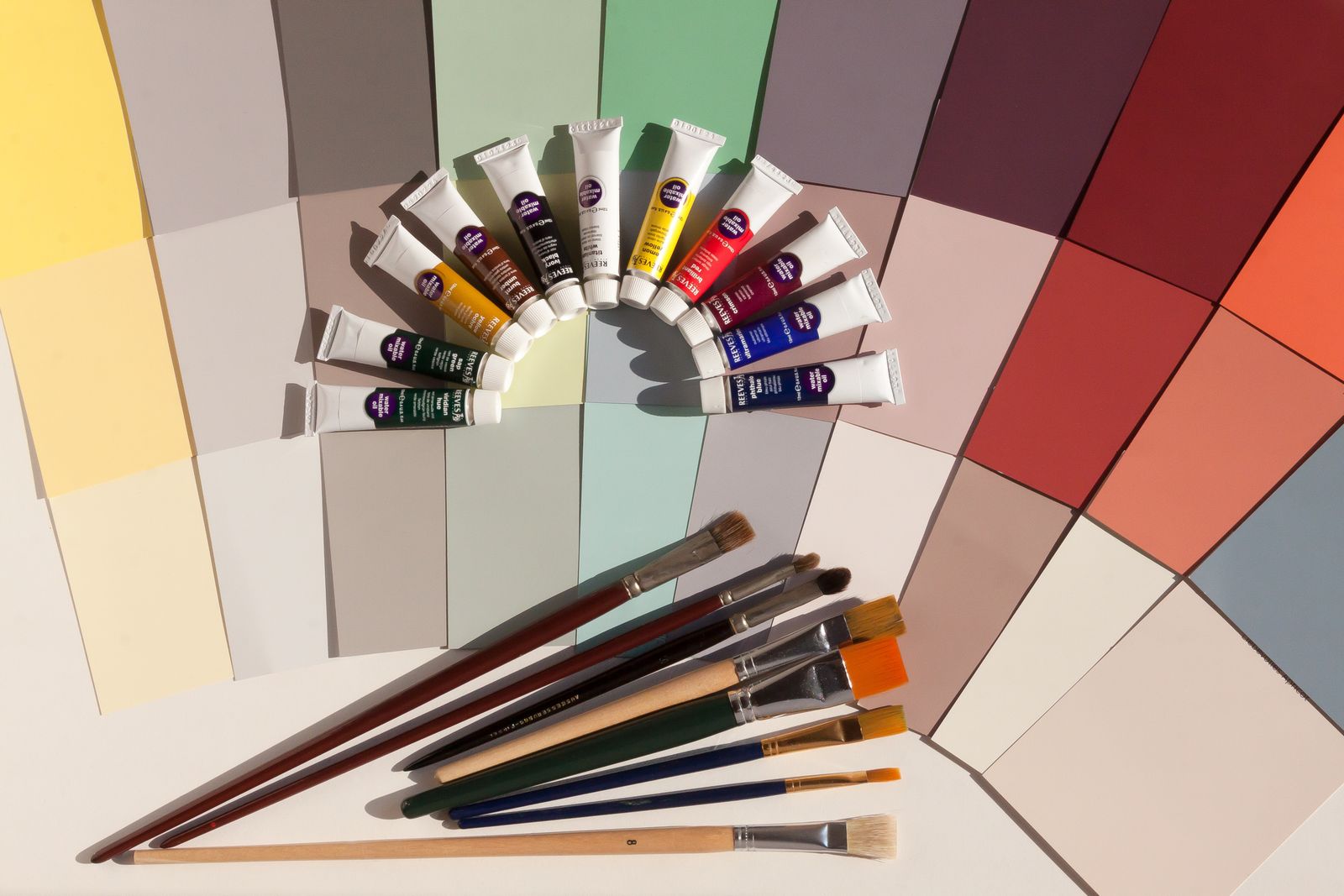 Paint tubes and brushes fanned out over a color wheel of swatches